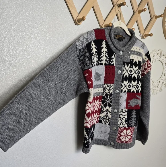Eddie Bauer Vintage Knit Bunny Snowflake Christmas Sweater In Grey Unisex Size S